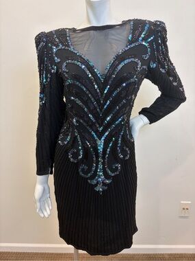 A.J. BARI Vintage 80s Black Beaded Long Sleeve Mini Dress